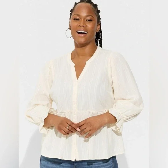 Torrid Cotton Button Up Blouse Long Sleeve Top Light Beige Off White Cream - Picture 4 of 5